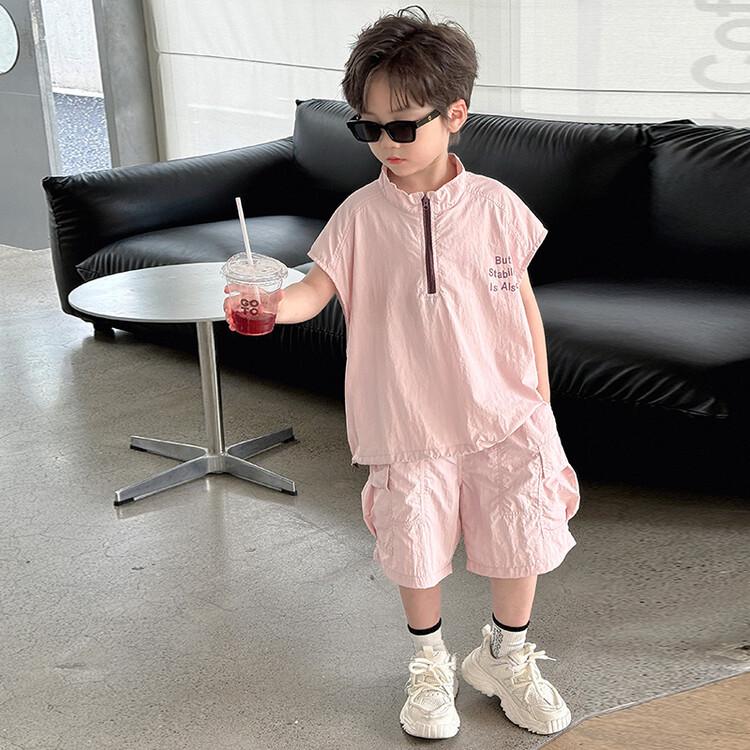 Boys' 2026 Summer Quick-Dry Sleeveless Zipper Two-Piece Set with Letter Print Shorts