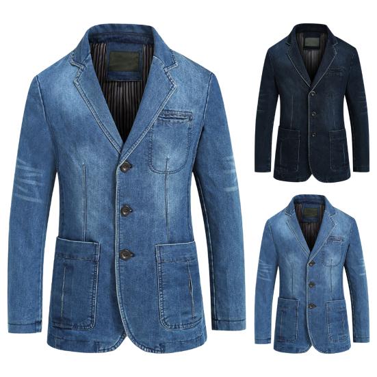 Herbst-Denim-Blazer Unifarben Revers Kragen Einreiher Schmale Passform Taschen