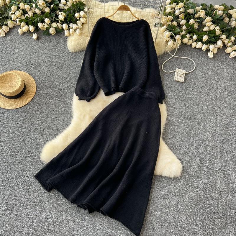 Women's Brown Knit Set with Round Neck Top and High-Waist Midi Skirt