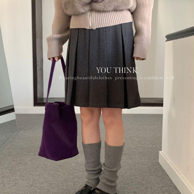13th Row Winter Korean High Waist Pleated Skirt for Women Medium серый