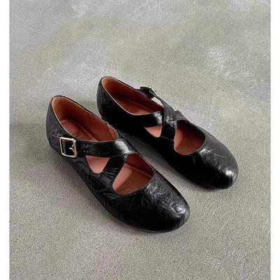 Μαλακό δέρμα στρογγυλή μύτη σταυρωτό λουράκι μπαλαρίνες μονά παπούτσια French flats μαύρα μικρά δερμάτινα παπούτσια ρετρό Mary Jane παπούτσια γυναικεία