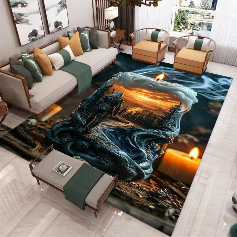 Fantasy Character Carpet Mat Mystical Landscape Dark Art Style Living Room Rug with Vibrant Sunset Torch Light Home Decoration