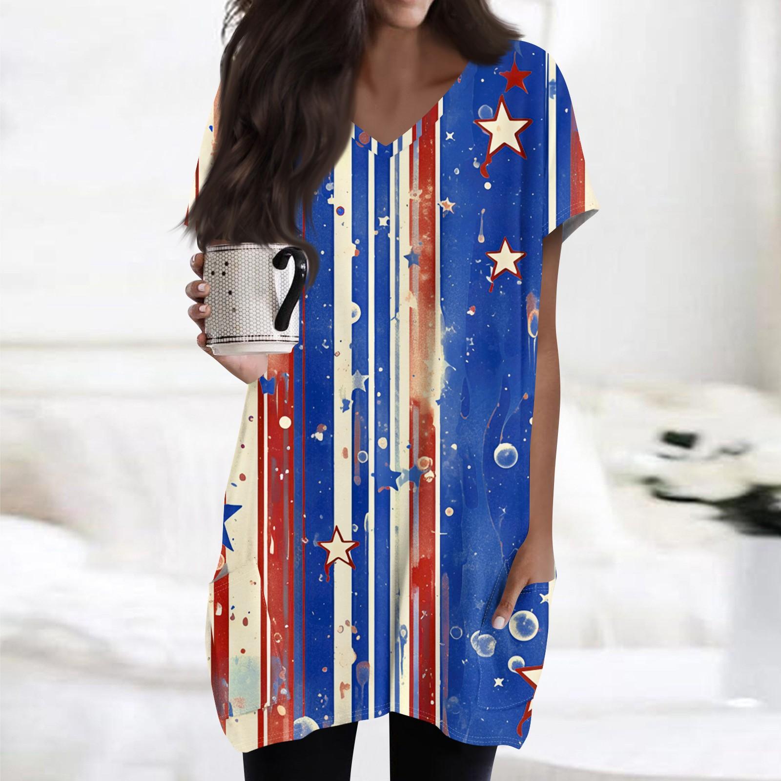 

Women s Independence Day Flag Print V-Neck Midi Pocket Short Sleeve Top XL синий