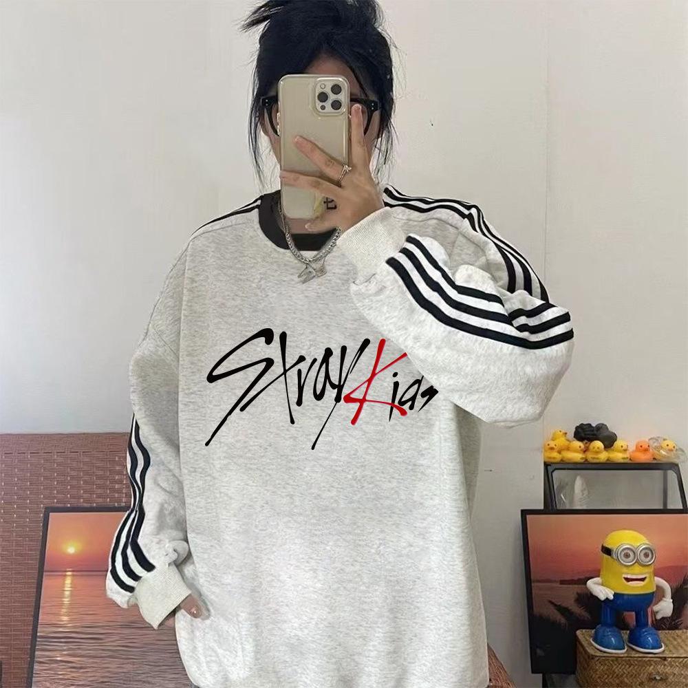 Stray Kids Fleece Lined Sweatshirt Striped Long Sleeve Crewneck Casual Pullover Kpop Fan Merchandise Winter Warm Oversized Grey Stylish Top