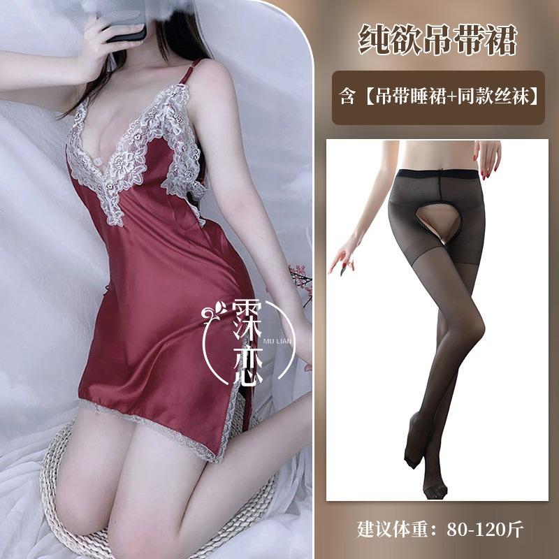 Sex underwear hollow lace suspender burgundy pure desire side split bow sexy hot