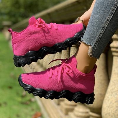 Fashion Spring and Autumn Casual Soft Sole Sneakers Round Toe Knitted Mesh Breathable Front Lace-up Sock Shoes for Lazy Women