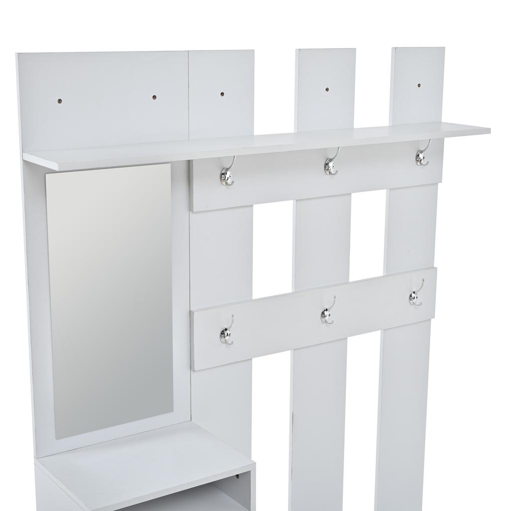 Coat Rack for the Entrance Area, Shoe Cabinet, Mirror and Clothes Hooks, Wall-Mounted Wardrobe, for Hallway Entrance Area, White, 120x30x180cm