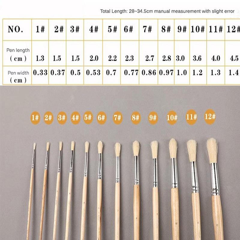 12Pcs Oil Brushes Round Head Pig Bristle Hair Acrylic Art Brushes Long Wood Rod Painting Brush Artist Supply
