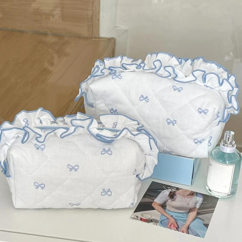 

Women Sweet Ruffle Bow Cosmetic Bags Case Girls Cute Rhombus Lace Makeup Bag Large Capacity Stationery Bag School Supplies S 16.5X8.5X8cm