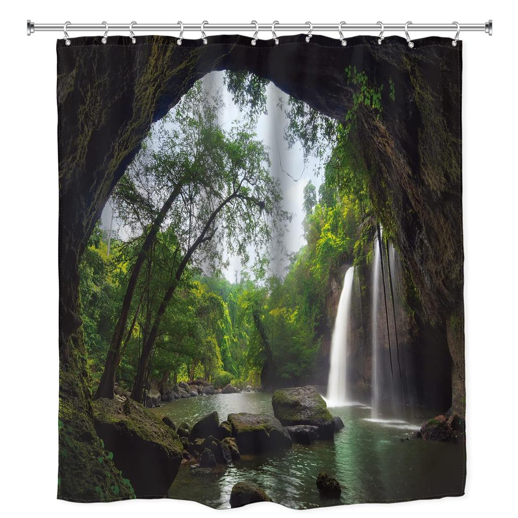 3D Nature Landscape Waterfall Scenery Waterproof Shower Curtain Bathroom Products Creative Polyester Bath Curtain With 12 Hooks