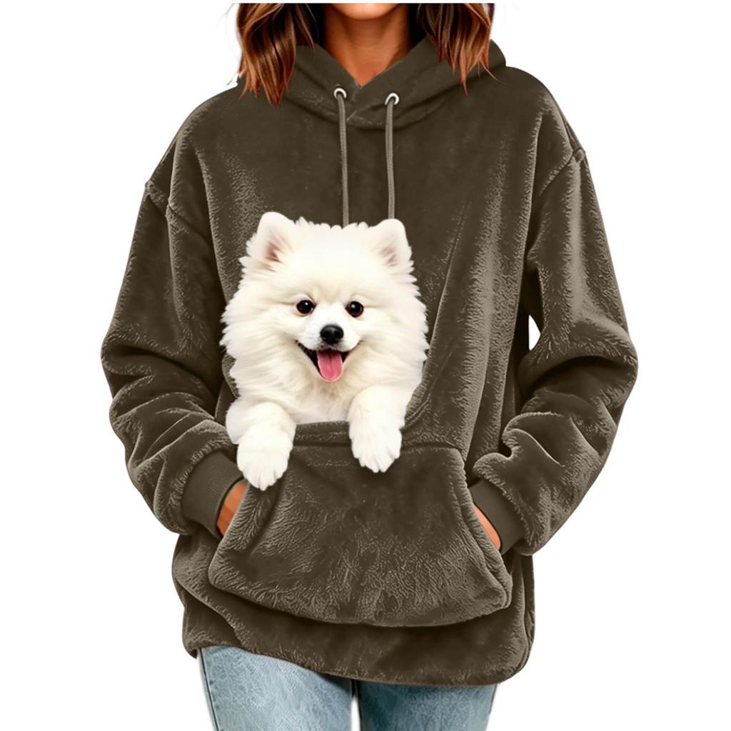 Huvtröja Dam Höst och Vinter Fleece Husdjursficka Med Huva Sweatshirt Rolig Pullover Topp Katt och Hundhållare Bärsele Huvtröjor