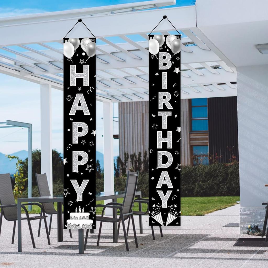 Black Silver Happy Birthday Party Supplies, Porch Sign & Backdrop Decor for Men Women, 16th to 90th Birthdays