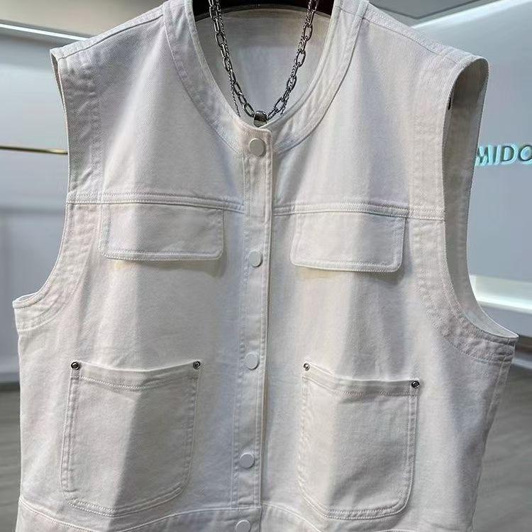 2025 Spring Korean Style Sleeveless Denim Vest – Casual, Versatile, Round Neck Petite Women s Top S белого слоновой кости