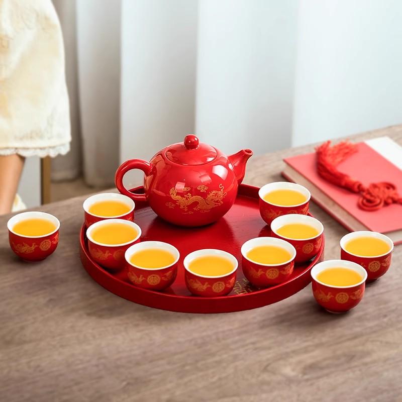"Traditional Chinese Wedding Tea Ceremony Set - Red Double Happiness Tea Cups with Golden Tray, Bridal Dowry Gift for Newlyweds
