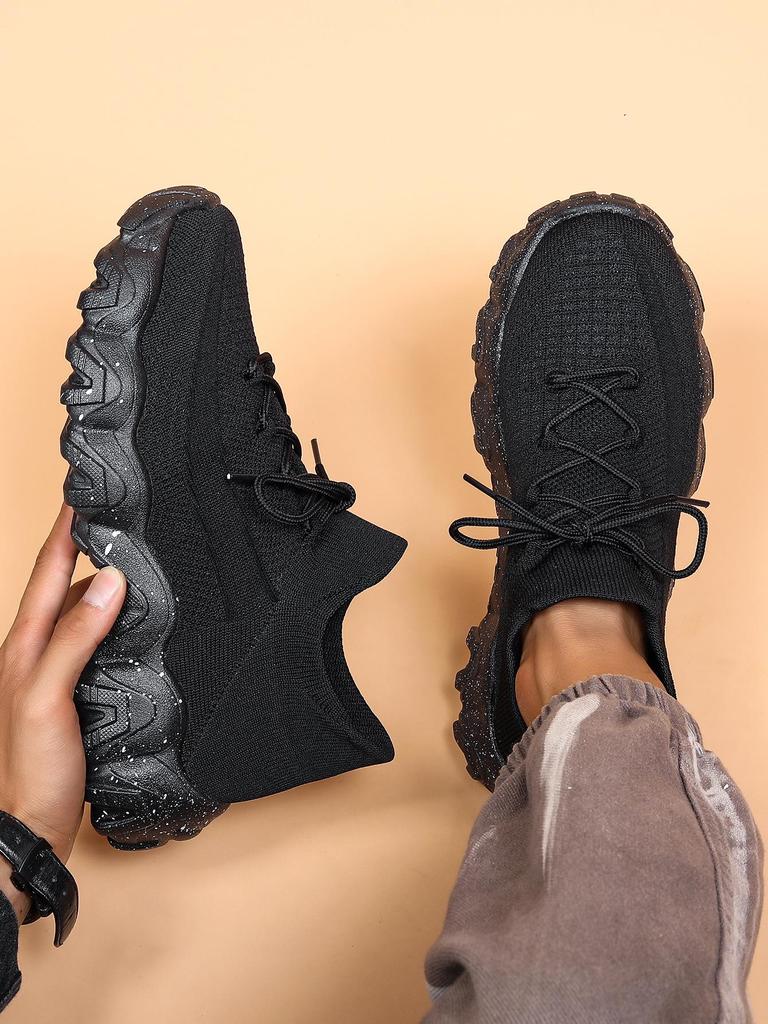 Plus Size Breathable Flyknit Sock Sports Shoes for Men - Lace-up Casual Running Shoes