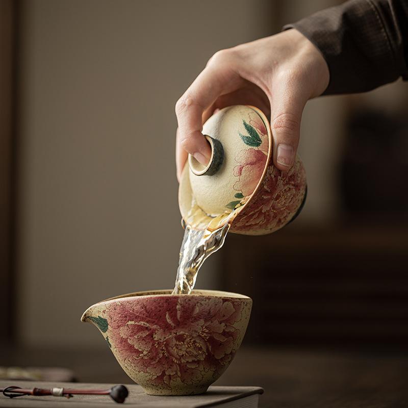 Blue And White Flint Red Peony Gaiwan Elegant Tea- Tureen Tea Bowl With Lid Kit Tea Maker Cover Bowl Kung Fu Tea Set Craft