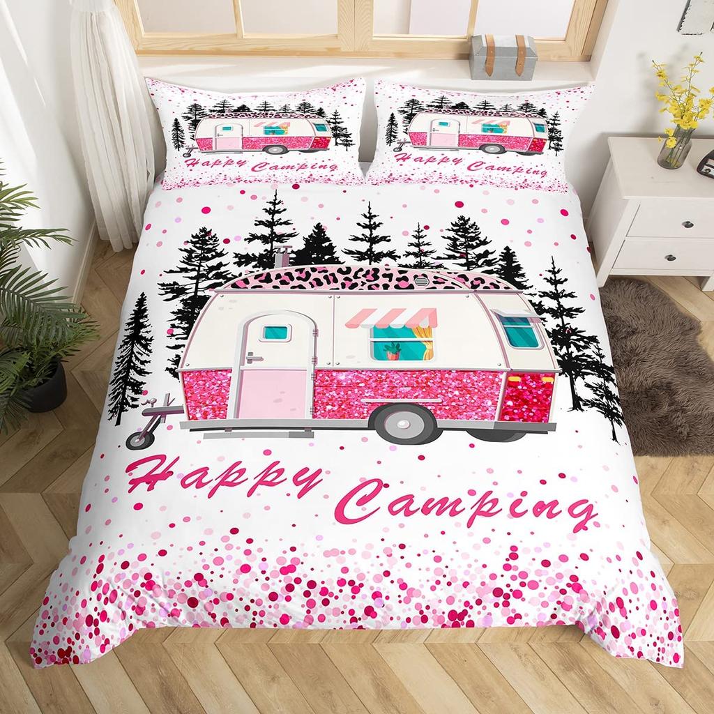 Rustikales Bauernhaus Camper Bettbezug King für Junge Mädchen Blume Happy Camping Bettwäscheset Weltraum Stern Glitzer Galaxie Bettdeckenbezug