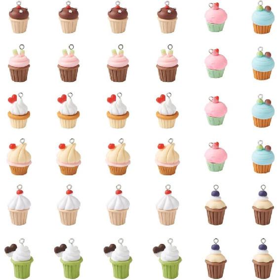 36Pcs Simulation Food Cupcake Charms 9 Styles Opaque Resin Pendant with Platinum Tone Loops for Jewelry Making DIY Craft Necklace Earring Key Chain