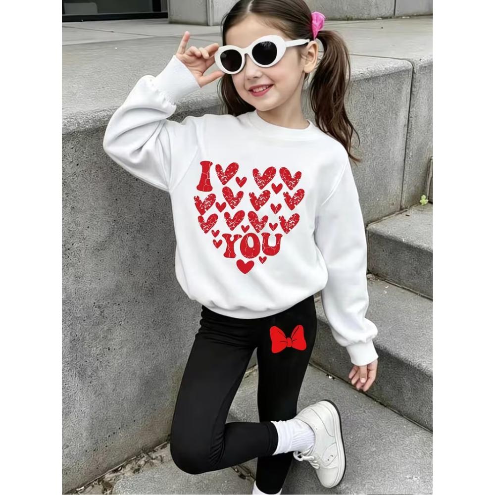 Girls' Heart Print Casual Comfortable Soft Loose Pullover Sweatshirt and Leggings 2-Piece Set, New Autumn/Winter, Playful, Sweet and Cool Style