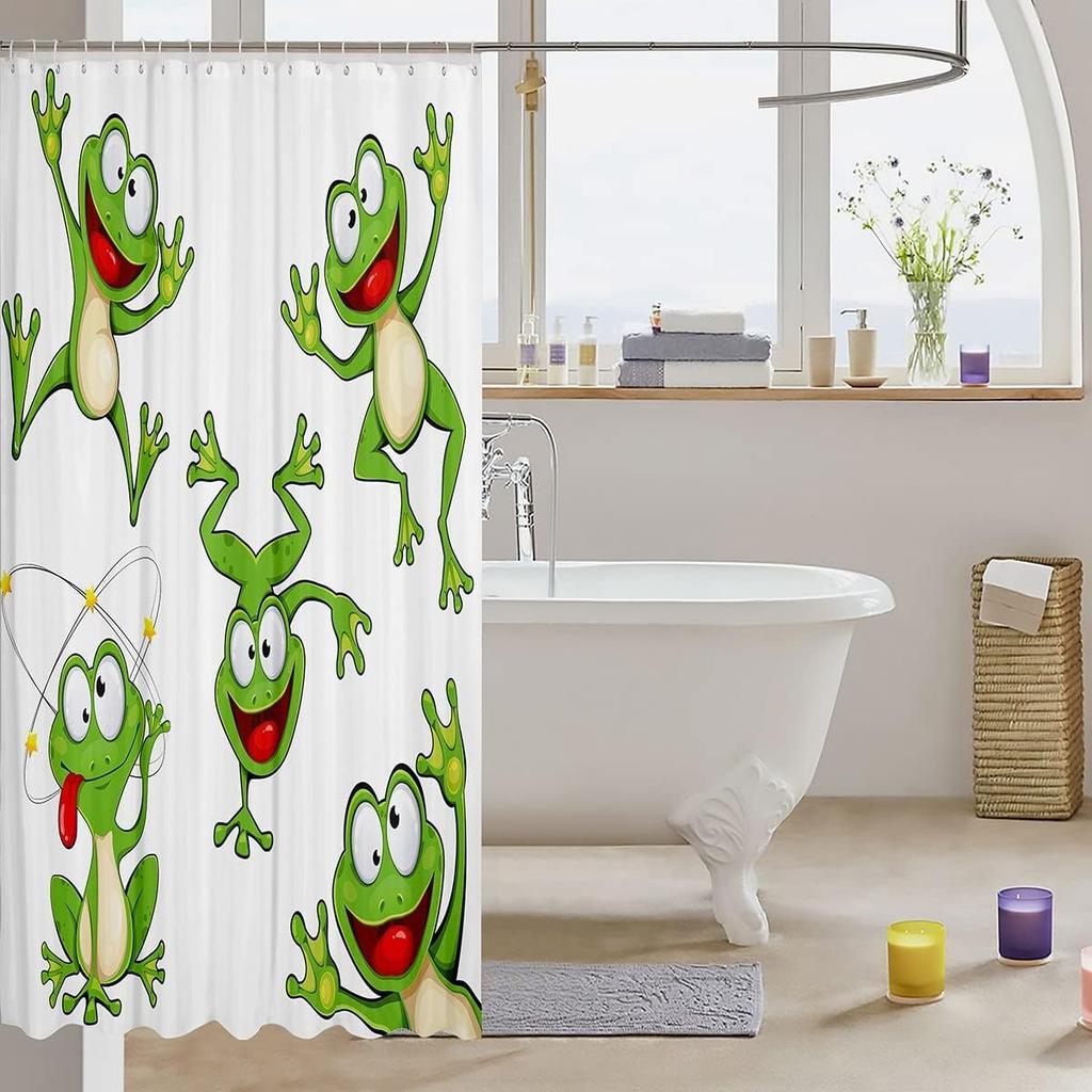 Cartoon Frog Shower Curtain Funny Green Animal Kids Bathroom Decor Linen180X230