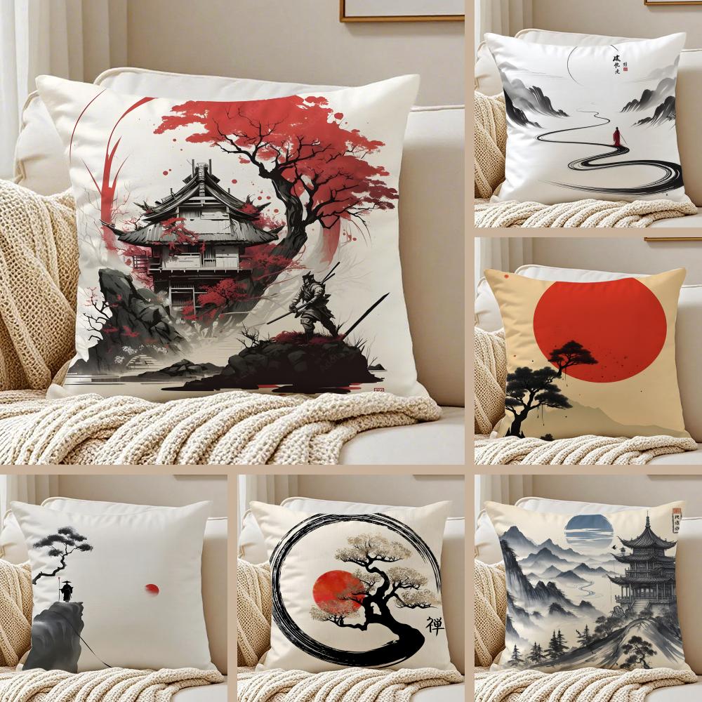 Chinese Ink Painting Style Cushion Cover Silky Short Plush Double-Sided Printed Pillow Case For Sofa All Seasons Home Decor Gift
