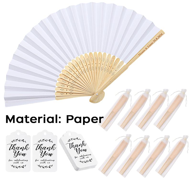 

50-100 шт. Персонализированный гравированный складной шелковый веер с подарочным мешочком и открыткой «Спасибо», элегантные свадебные веера на заказ для декора 50pcs