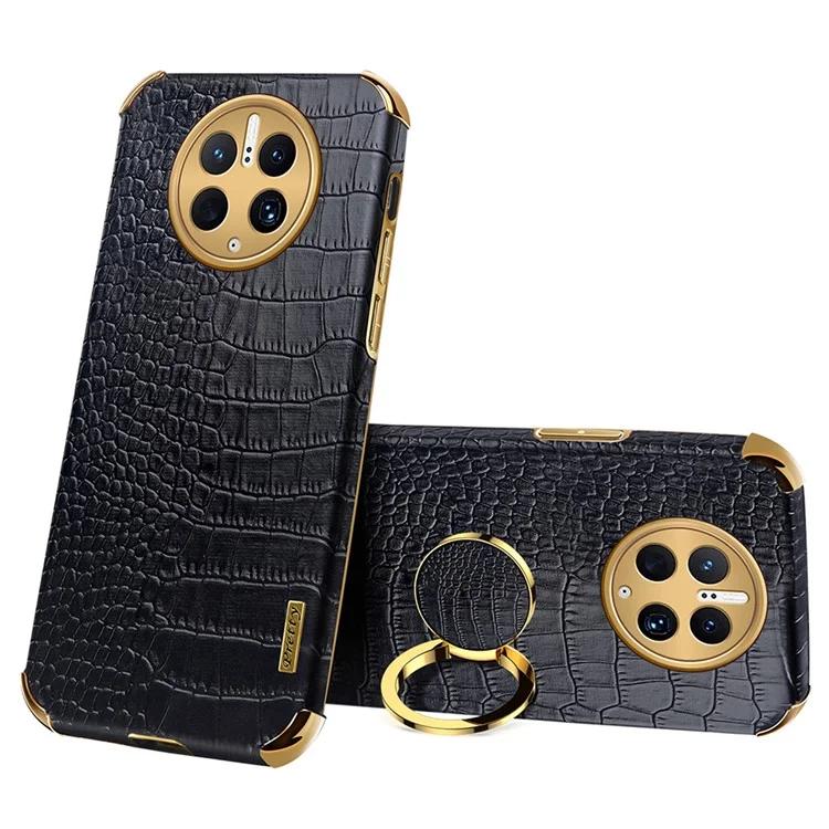 

For Huawei Mate 50 Pro 4G Crocodile Texture Ring Kickstand Case 6D Electroplated Leather Coated TPU Phone Cover