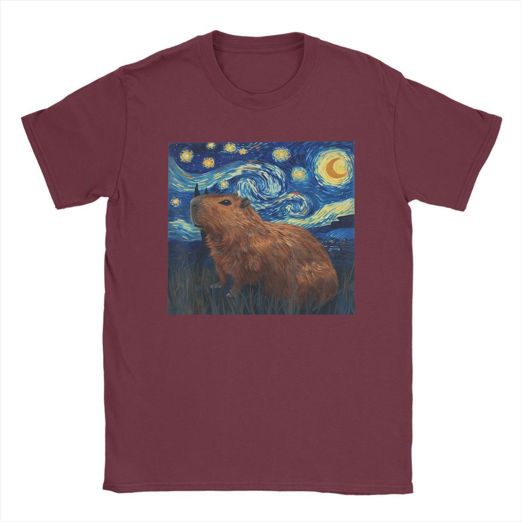 Fashion Capybara Van Gogh Style Starry Night T-Shirts Men Crew Neck 100% Cotton T Shirt  Short Sleeve Tee Shirt Summer Tops