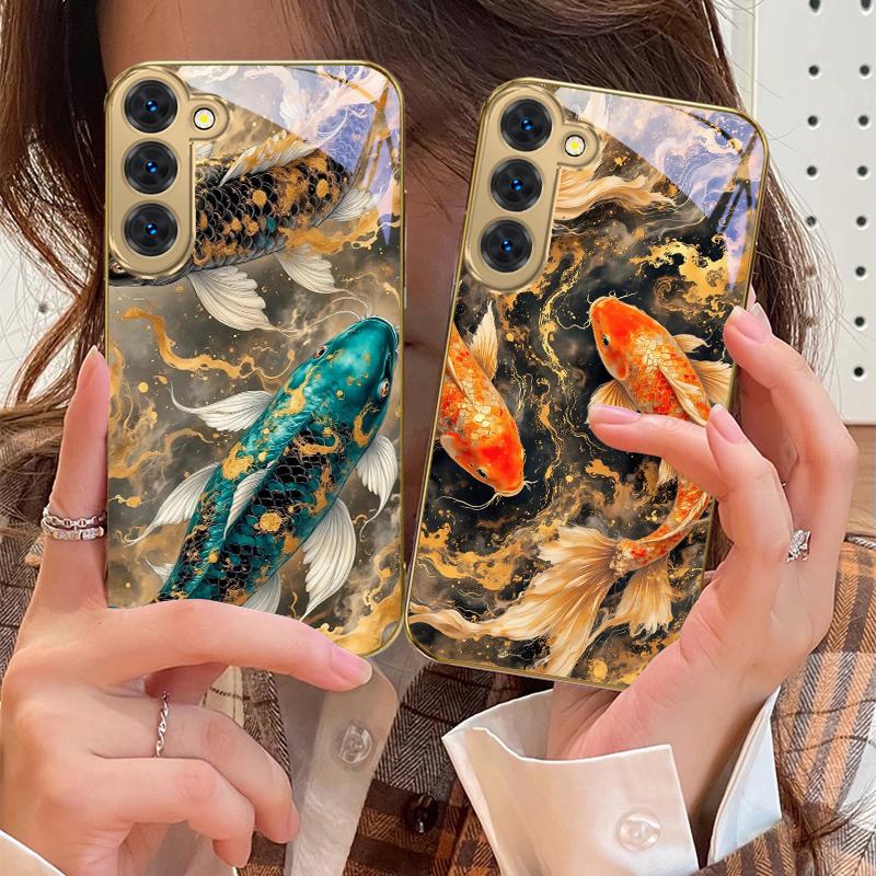 Lucky Orange Golden Koi For Samsung Galaxy S26 S20 FE S21 S22 S23 Plus S24 Ultra 25Ultra S21+ S9 S22 S8 Golden Glass Phone Case