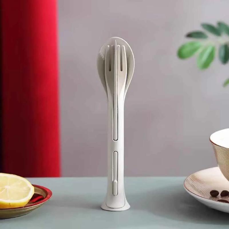 3 v 1 Přenosná opakovaně použitelná lžíce, vidlička, cestovní piknikové hůlky, pšeničné slámy, sada příborů s přepravní krabičkou pro studenty