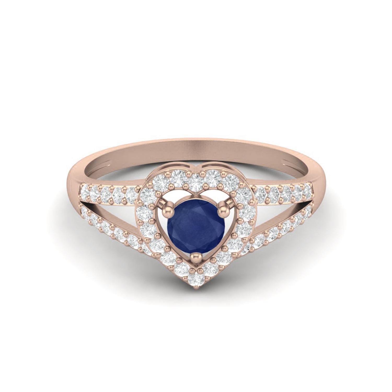 0.92 Cts Round Blue Sapphire 925 Sterling Silver Rose Vermeil Solitaire Accent Heart Women Wedding Ring