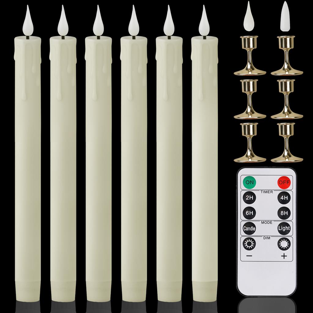 Pack of 12/24pc Flameless Flickering Ivory Taper Candles with Remote Battery Operated LED 3D Wick Candle Christmas Wedding Decor
