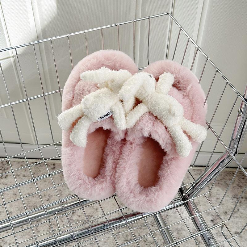 Sheepskin version of rabbit fluffy slippers for women's winter wear 2025 new removable doll thick bottom fashion one-word drag