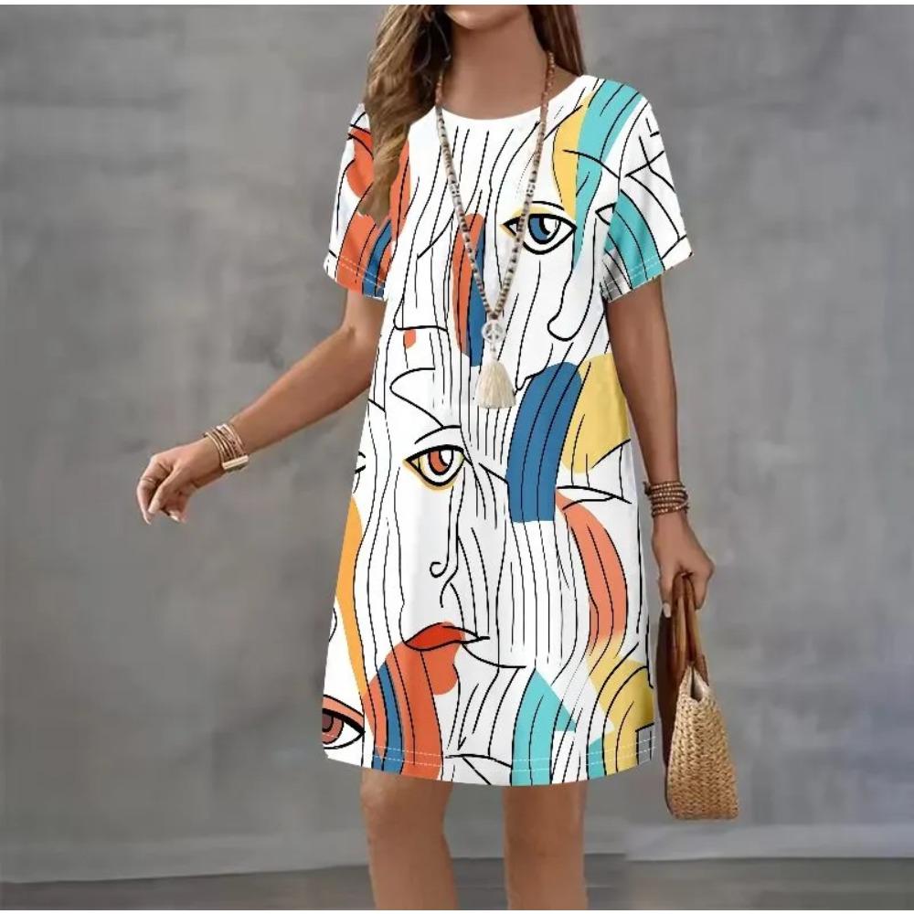 Creative Colorful Patterns 3D Printing Dresses Women Fashion Summer Loose Plus Size Comfortable Breathable Short Sleeve Dresse