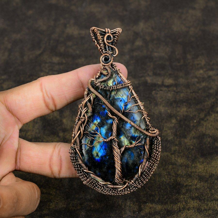 Labradorite Handmade Copper Wire Wrap Jewelry Pendant 4.14" R6P76