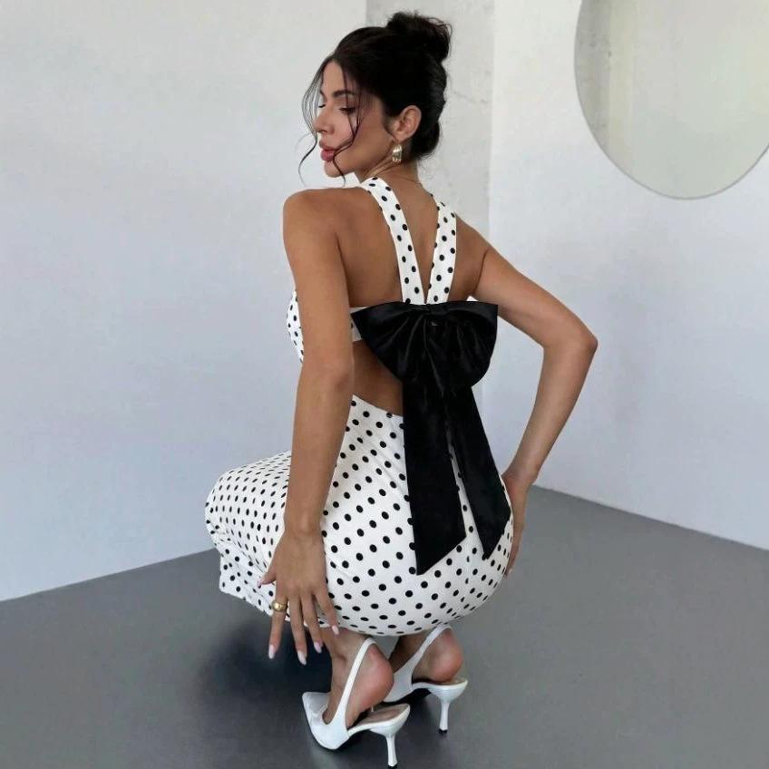New TikTok hot-selling polka dot slim-fitting bow strap dress