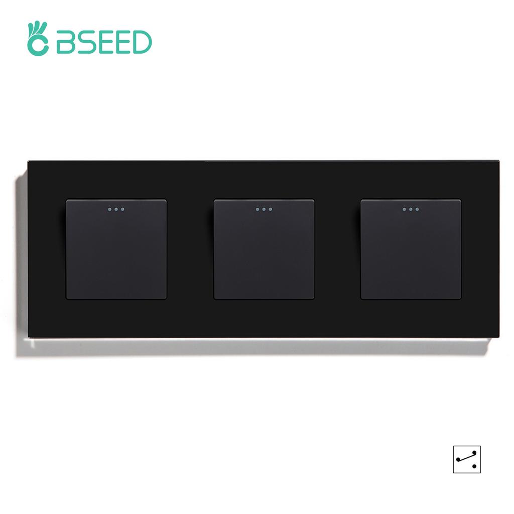 BSEED 1/2/3Gang Mechanical Light Switches 2way For Stairs Corridors with EU Power Sockets USB Type-c Ports Glass Panel Black