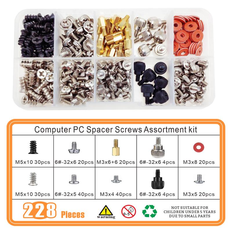 228Pcs/Box Hard Disk DIY Motherboard PC Computer Assemble Case Fan Hand Screw Bolt Standoff Washer Assortment Kit