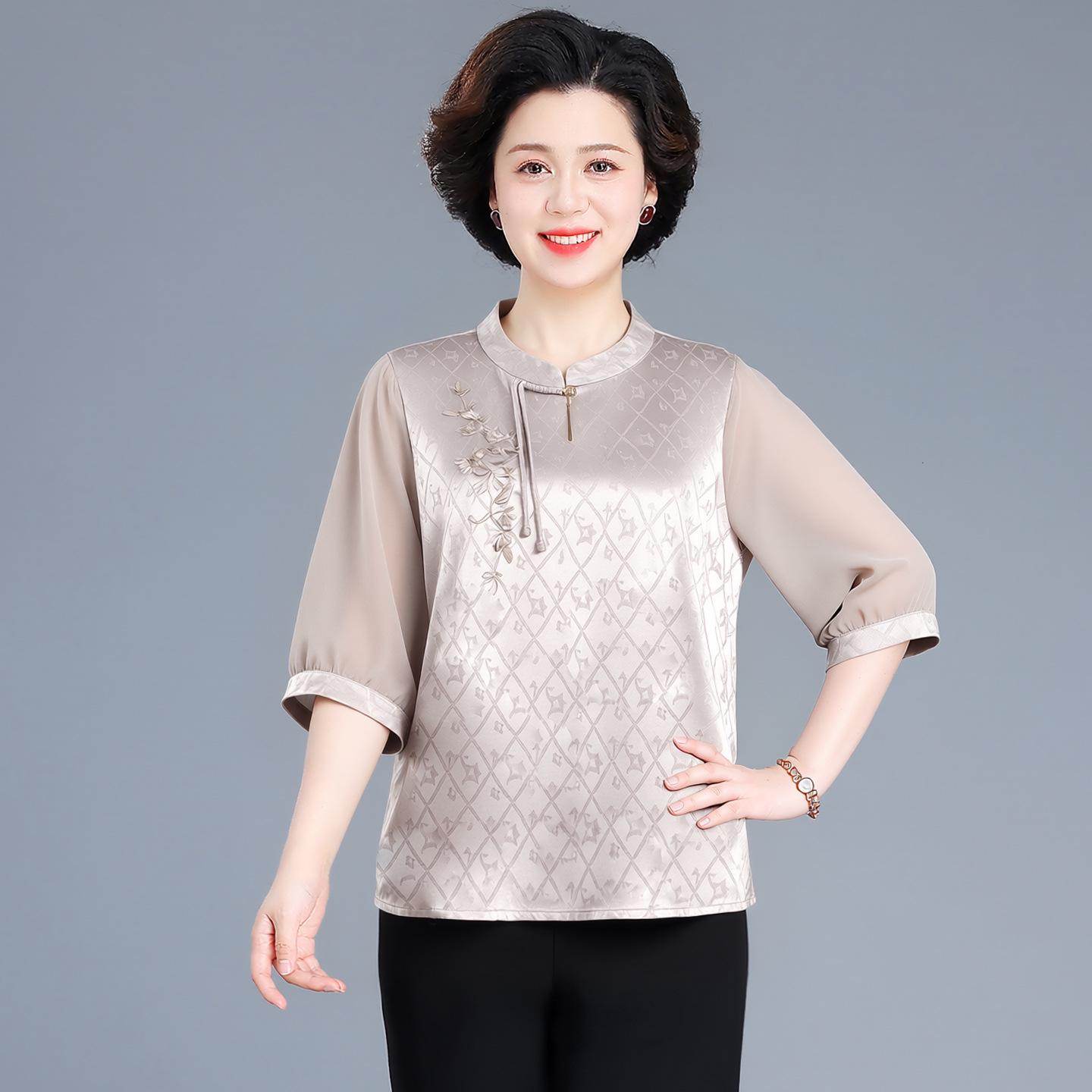 

2026 Summer New Mid-Sleeve Silk-Like Blouse & Wide-Leg Pants Set for Middle-Aged Women XL