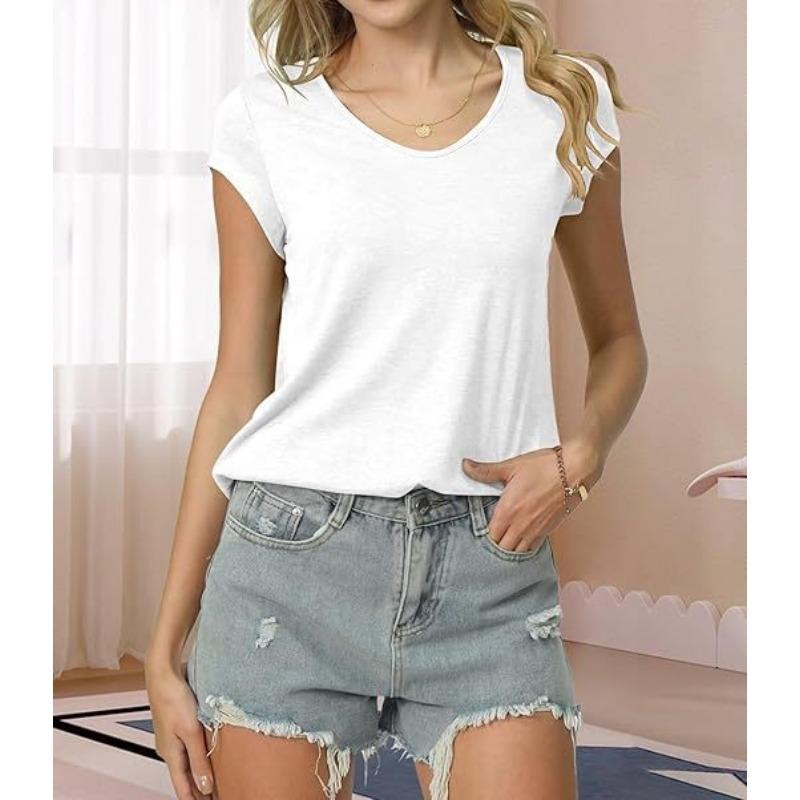 

Summer Solid Color Basic U-neck Short Sleeved Top for Casual Beach Vacation Women s T-shirts S білий