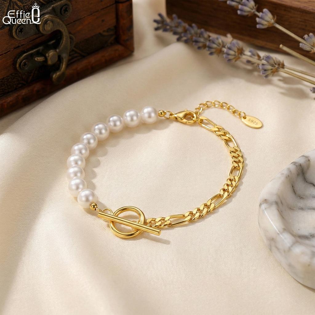 EFFIE QUEEN S925 Silber 14k Gold Rund Geformte Perlenkettenarmband Plus Figaro-Gliederkette Einfacher Schmuck für Damen Bankett GPB06