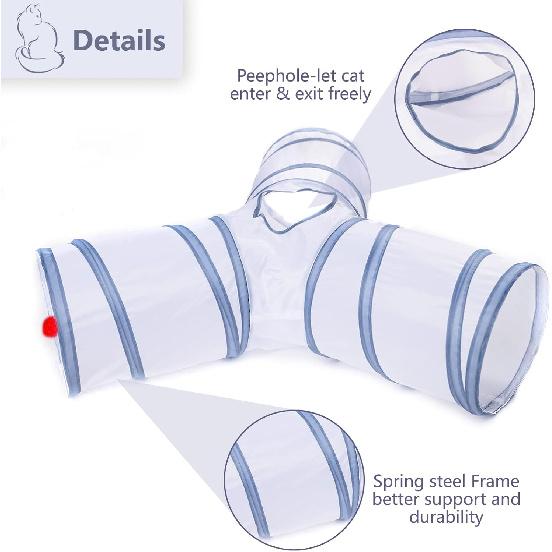 Cat Tunnel, Collapsible Tube with 1 Play Ball Toys, 3 Ways Tunnels for Indoor Cats, Puppy, Kitty, Kitten, Rabbit (White and Gray)