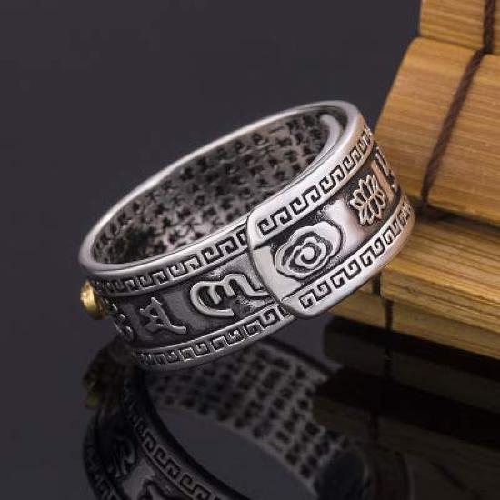 Rockyu Brand Free Size Silver Ring with Pixiu Heart Sutra Antique Amulet Ring for Protection from Evil and Good Fortune Men's Engraving, Style,