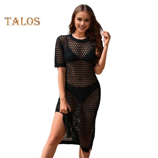 

Женское летнее платье-прикрытие с круглым вырезом и половиной рукава, сплошной цвет, полое прозрачное бикини, свободный крой, вязаный пуловер, купальник, накидка XL чёрный