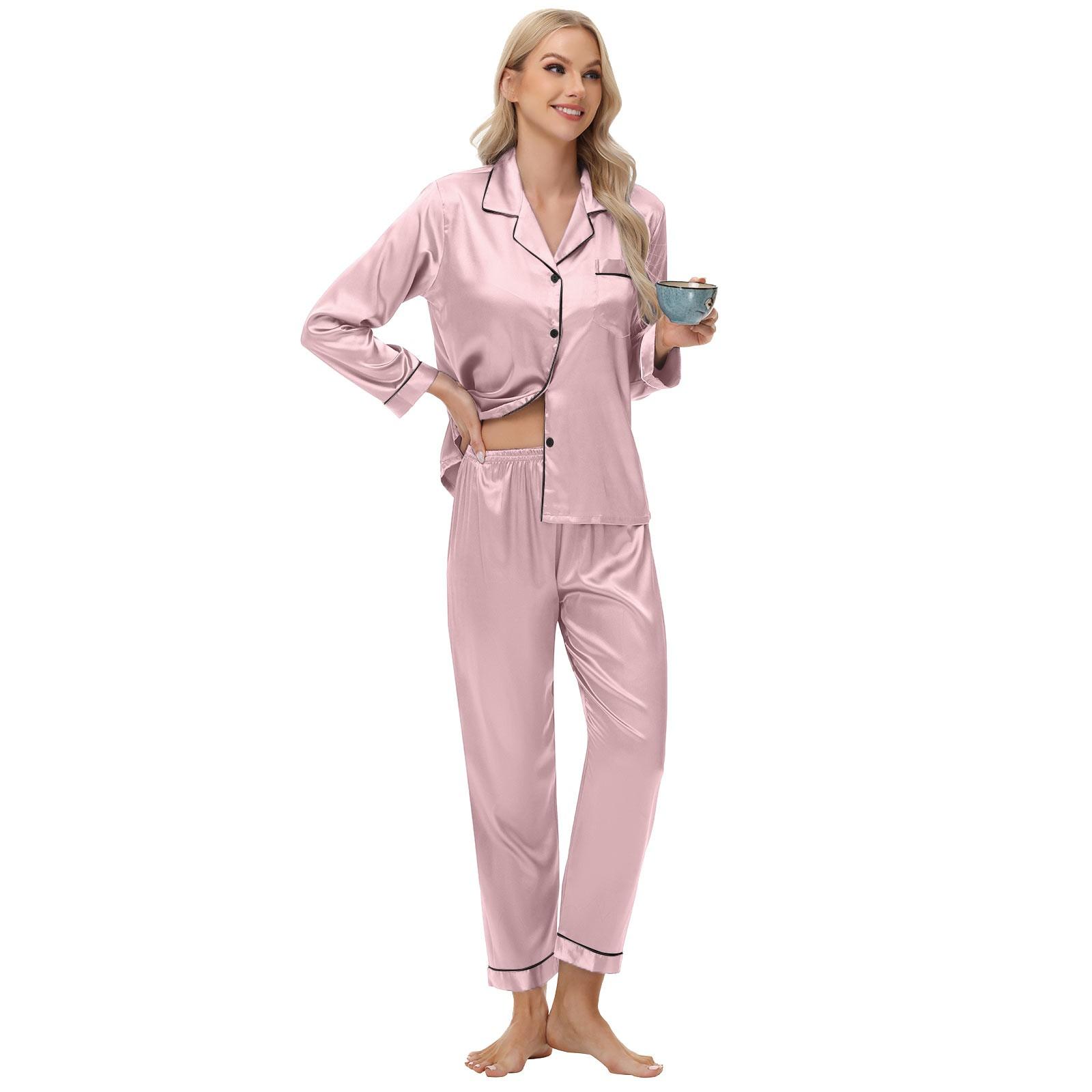 

Женский костюм-двойка Ice Silk с длинными рукавами, шелковая домашняя одежда большого размера для женщин S розовый