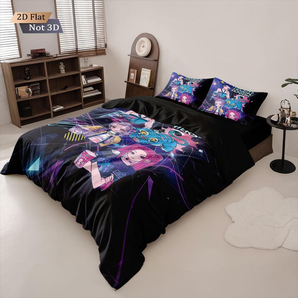 3pcs K-Pop Demon Hunters Print Coreless Bedding Set Multi Sized Bedding Dormitory Duvet Cover, Soft Decoration, Machine Washable