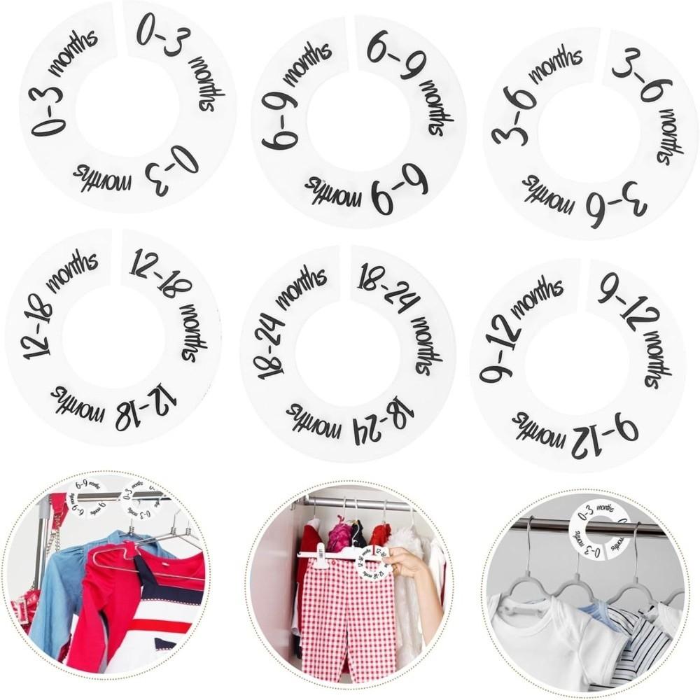 68/9Pcs Organizing Hangers Clothing Size Dividers DIY Craft Plastic Garment Labels 0-24 Months Round Size Tags Rings