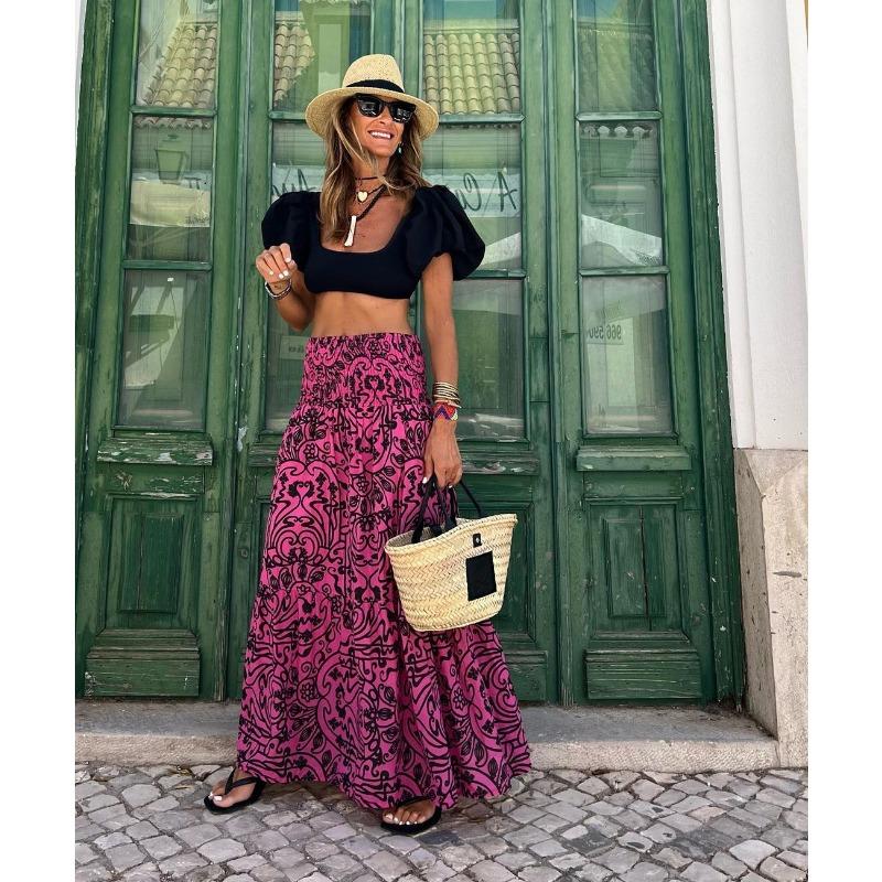 

Fashion Loose Floral Printed Casual Skirts 2025 Spring Summer Women Elegant Pleated Swinging Beach Vacation A-line Long Skirts Ladies Holiday Clothing S