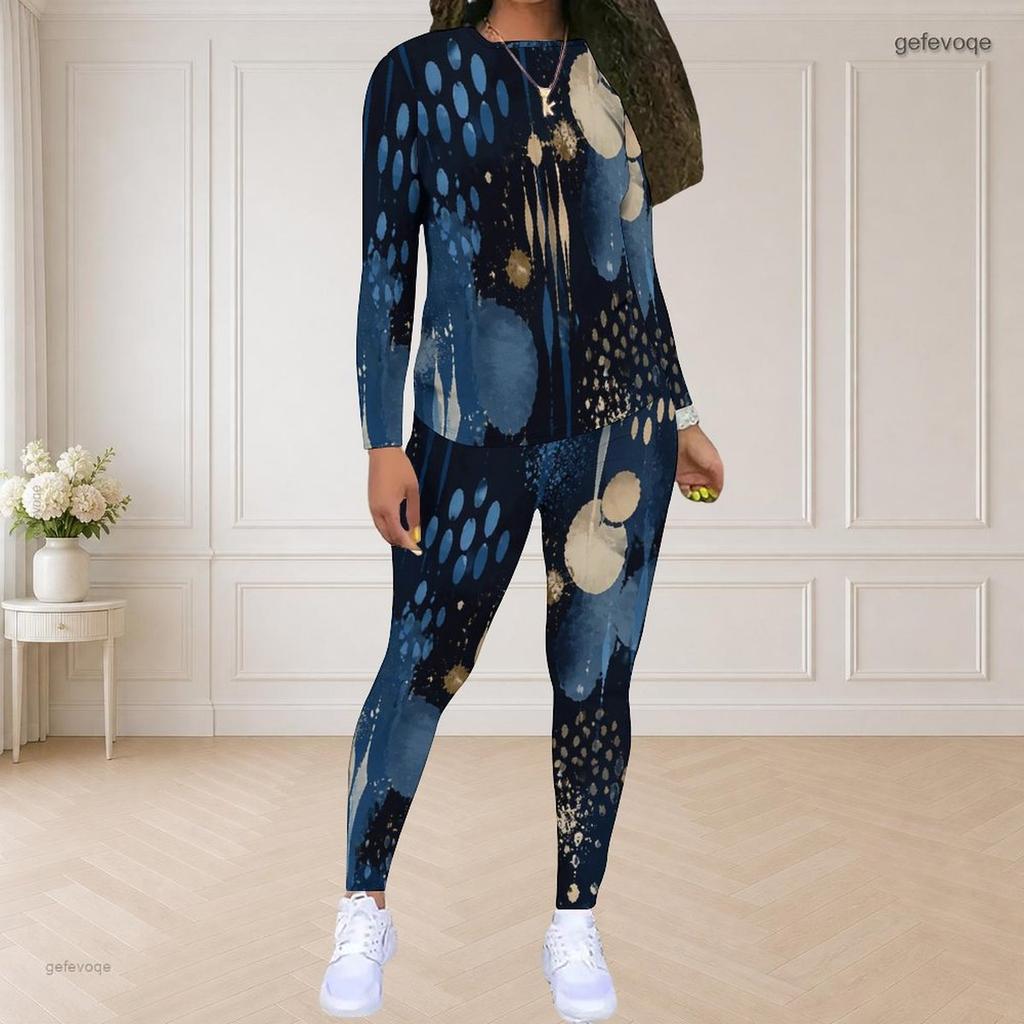 Women Plus Size Dark Blue Printed Round Neck Long Sleeve Top Fitted Pants Two Piece Set