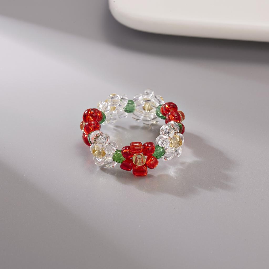 Cute Colorful Flower Finger Ring Rice Beads Elastic Chain Beaded Ring For Women Girls Charm Temperament Jewelry Gift Adjustable